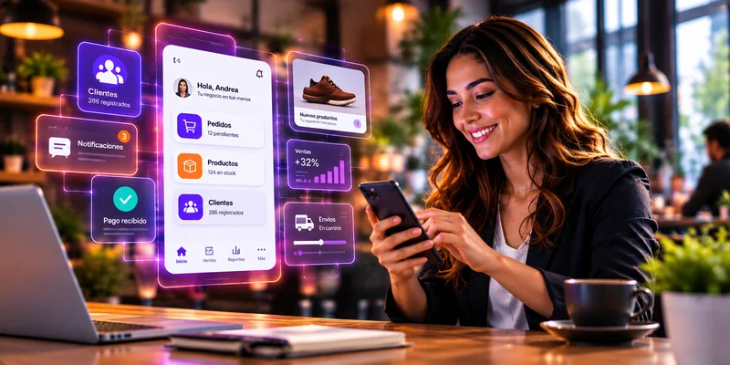 Emprendedora utilizando una aplicación móvil